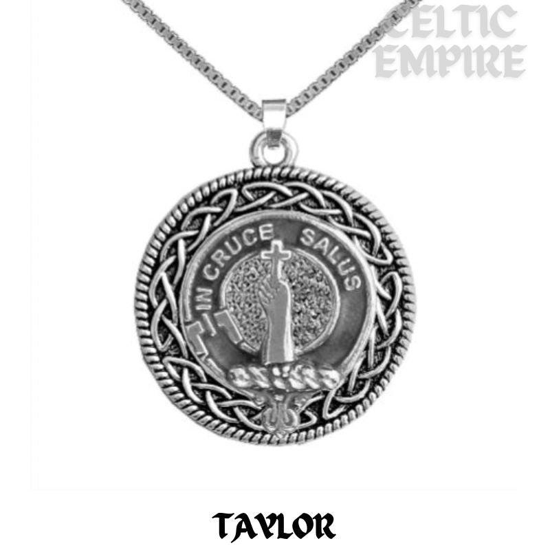 Taylor Family Clan Crest Celtic Interlace Disk Pendant, Scottish Family Crest