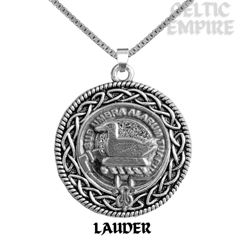 Lauder Family Clan Crest Celtic Interlace Disk Pendant, Scottish Family Crest