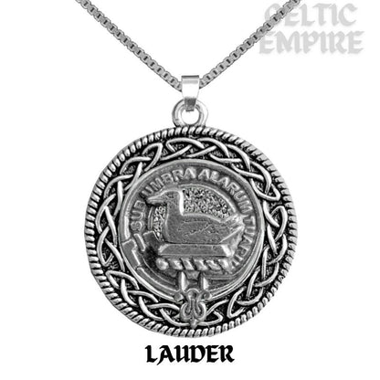 Lauder Family Clan Crest Celtic Interlace Disk Pendant, Scottish Family Crest