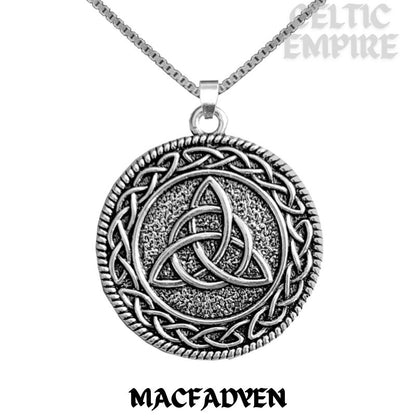 MacFadden Family Clan Crest Celtic Interlace Disk Pendant, Scottish Family Crest