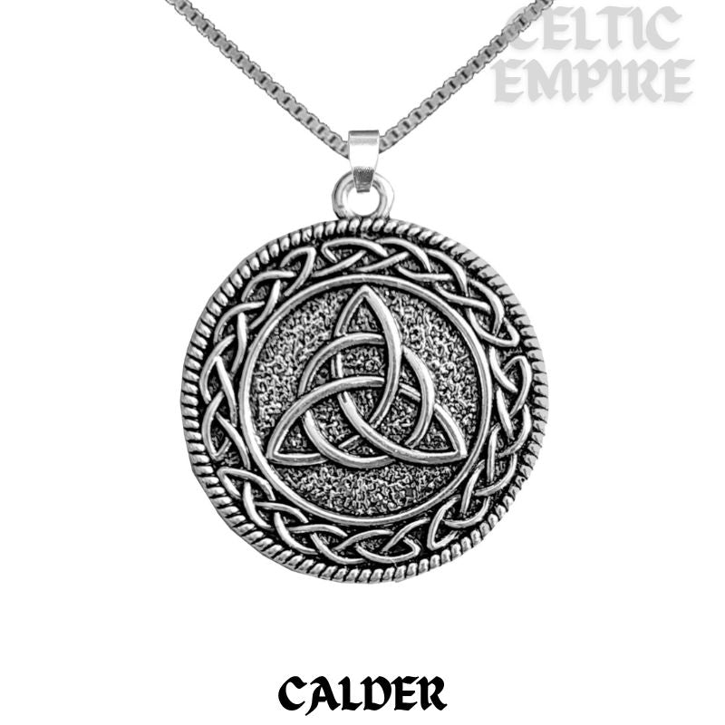 Calder Family Clan Crest Celtic Interlace Disk Pendant, Scottish Family Crest