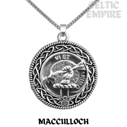 MacCulloch Family Clan Crest Celtic Interlace Disk Pendant, Scottish Family Crest