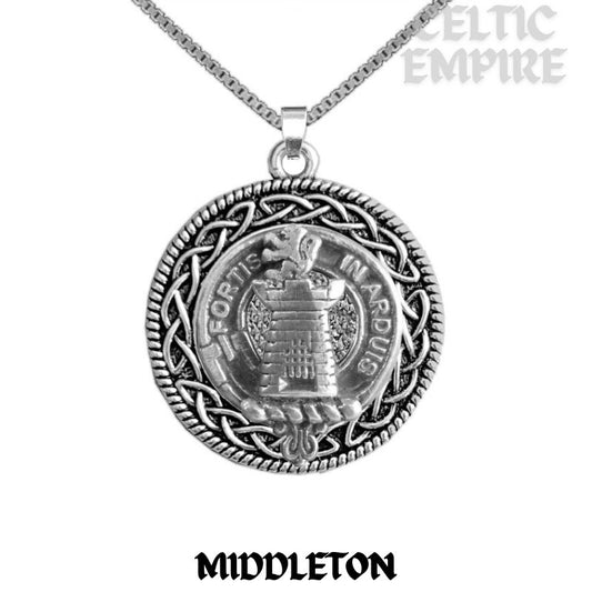Middleton Family Clan Crest Celtic Interlace Disk Pendant, Scottish Family Crest
