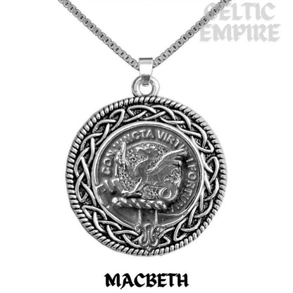 MacBeth Family Clan Crest Celtic Interlace Disk Pendant, Scottish Family Crest