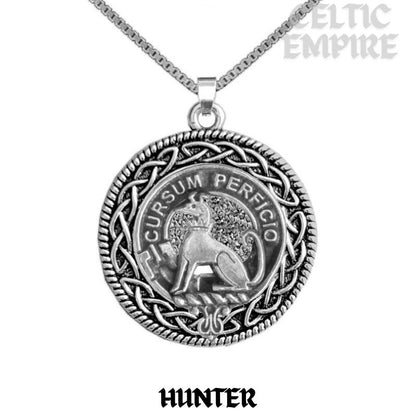 Hunter Family Clan Crest Celtic Interlace Disk Pendant, Scottish Family Crest