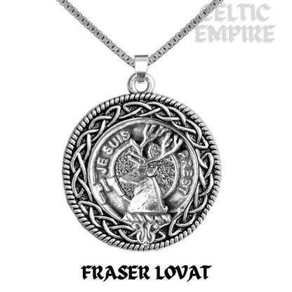 Fraser Lovat Family Clan Crest Celtic Interlace Disk Pendant, Scottish Family Crest