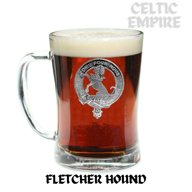 Fletcher (Hound) Family Clan Crest Badge Glass Beer Mug