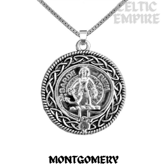 Montgomery Family Clan Crest Celtic Interlace Disk Pendant, Scottish Family Crest