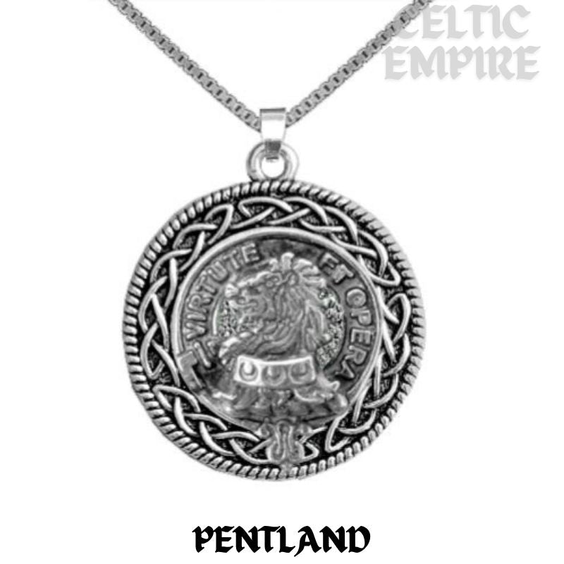 Pentland Family Clan Crest Celtic Interlace Disk Pendant, Scottish Family Crest