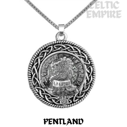 Pentland Family Clan Crest Celtic Interlace Disk Pendant, Scottish Family Crest