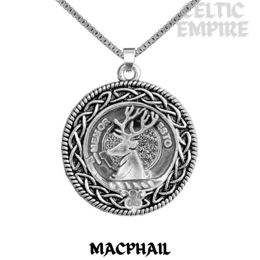 MacPhail Family Clan Crest Celtic Interlace Disk Pendant, Scottish Family Crest