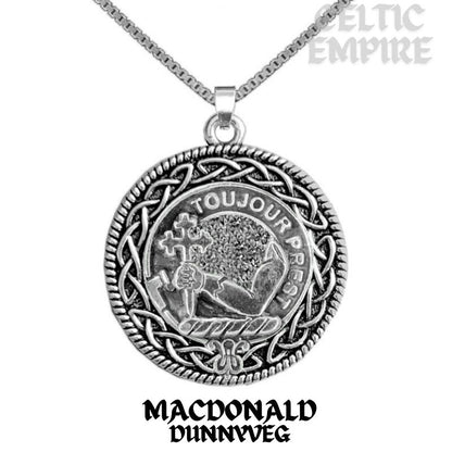 MacDonald Dunnyveg Family Clan Crest Celtic Interlace Disk Pendant, Scottish Family Crest
