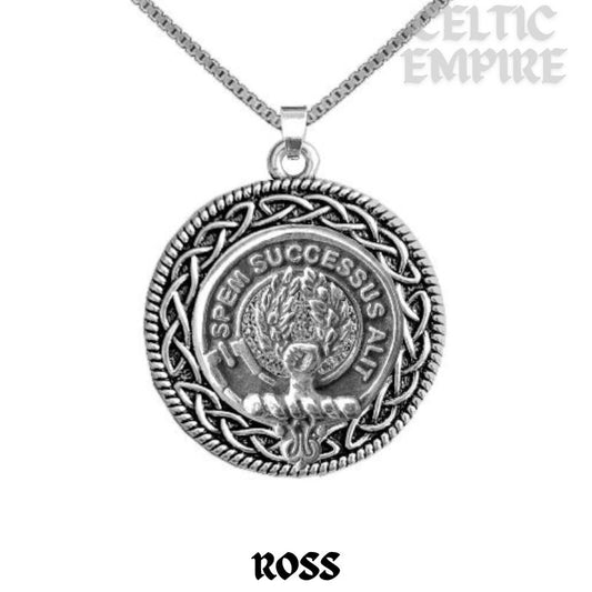 Ross Family Clan Crest Celtic Interlace Disk Pendant, Scottish Family Crest