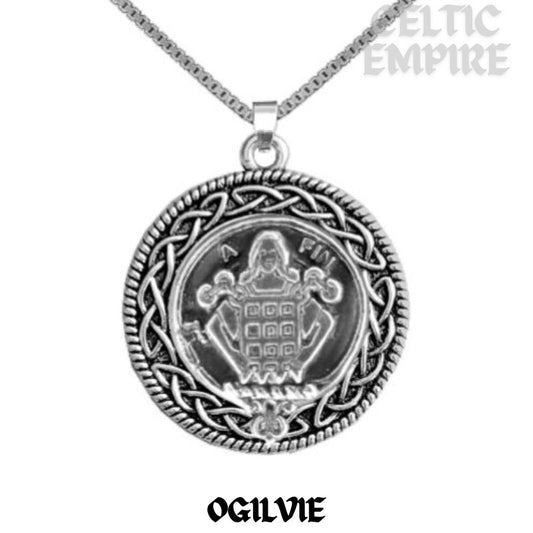 Ogilvie Family Clan Crest Celtic Interlace Disk Pendant, Scottish Family Crest