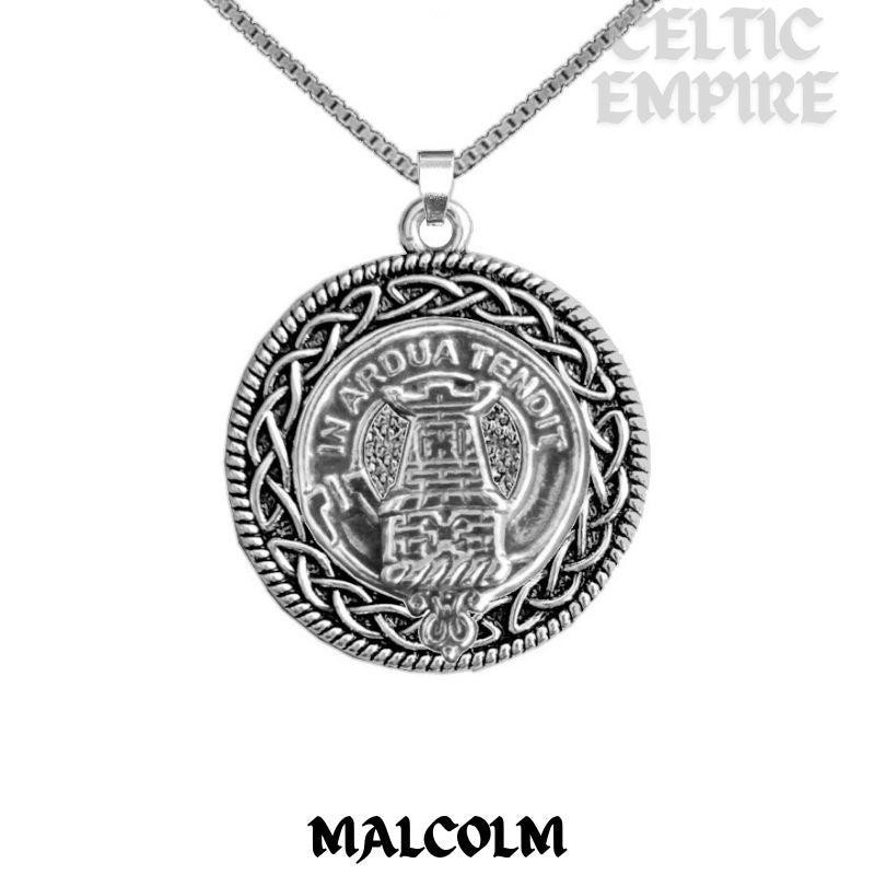 Malcolm Family Clan Crest Celtic Interlace Disk Pendant, Scottish Family Crest