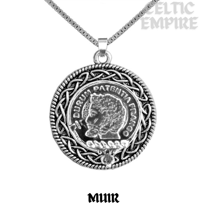 Muir Family Clan Crest Celtic Interlace Disk Pendant, Scottish Family Crest