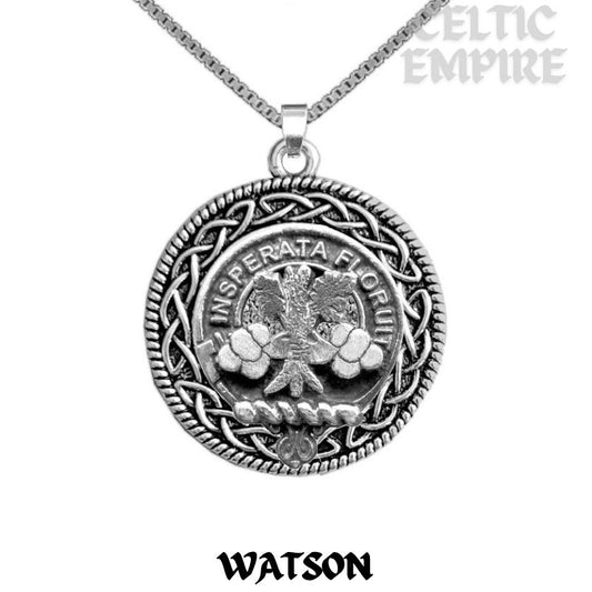 Watson Family Clan Crest Celtic Interlace Disk Pendant, Scottish Family Crest