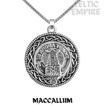 MacCallum Family Clan Crest Celtic Interlace Disk Pendant, Scottish Family Crest