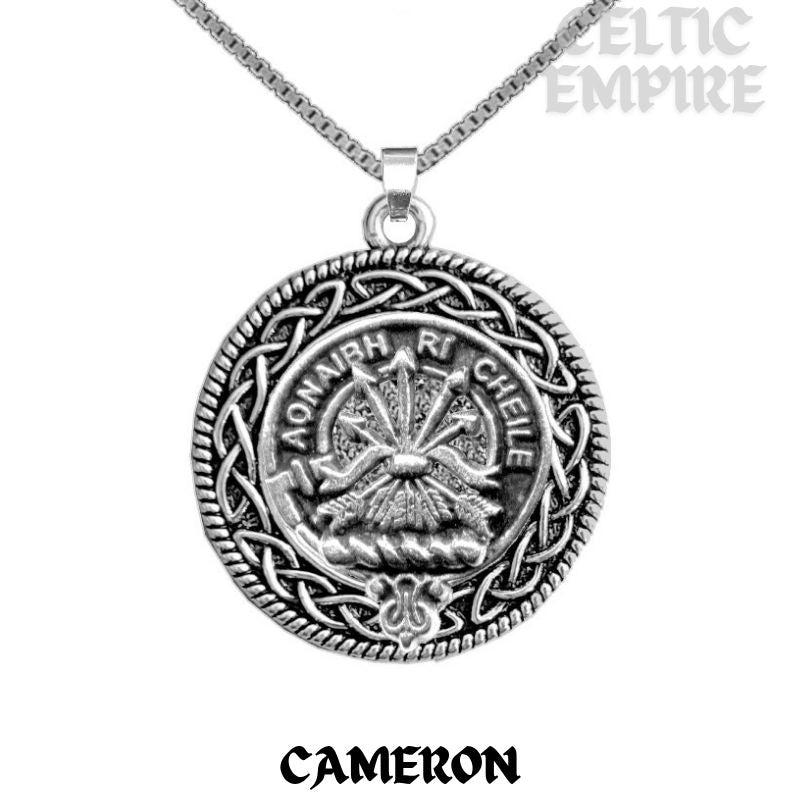 Cameron Family Clan Crest Celtic Interlace Disk Pendant, Scottish Family Crest