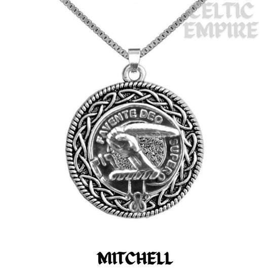 Mitchell Family Clan Crest Celtic Interlace Disk Pendant, Scottish Family Crest