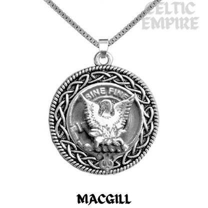 MacGill Family Clan Crest Celtic Interlace Disk Pendant, Scottish Family Crest