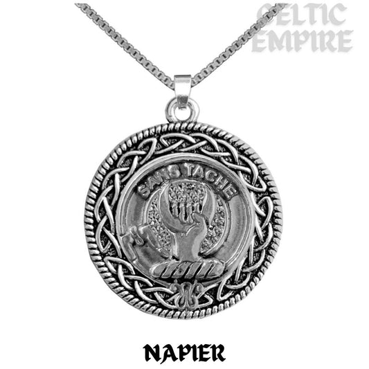 Napier Family Clan Crest Celtic Interlace Disk Pendant, Scottish Family Crest