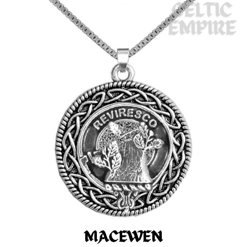 MacEwen Family Clan Crest Celtic Interlace Disk Pendant, Scottish Family Crest