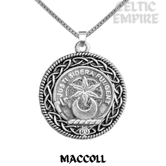 MacColl Family Clan Crest Celtic Interlace Disk Pendant, Scottish Family Crest