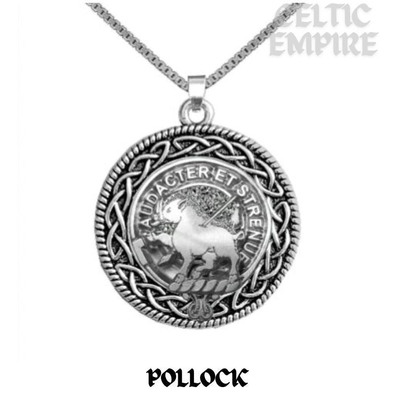Pollock Family Clan Crest Celtic Interlace Disk Pendant, Scottish Family Crest