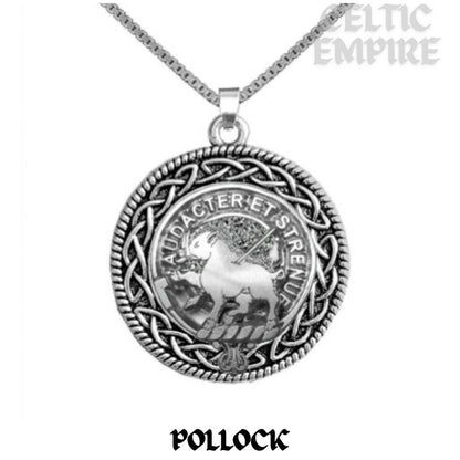 Pollock Family Clan Crest Celtic Interlace Disk Pendant, Scottish Family Crest