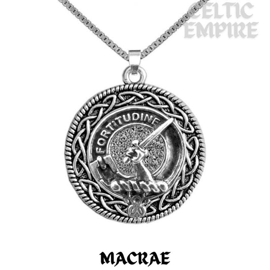 MacRae Family Clan Crest Celtic Interlace Disk Pendant, Scottish Family Crest