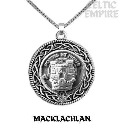 MacLachlan Family Clan Crest Celtic Interlace Disk Pendant, Scottish Family Crest