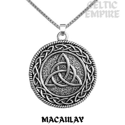 MacAulay Family Clan Crest Celtic Interlace Disk Pendant, Scottish Family Crest