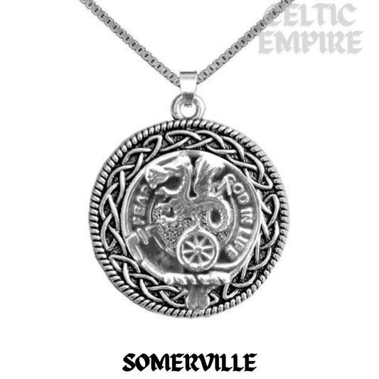 Somerville Family Clan Crest Celtic Interlace Disk Pendant, Scottish Family Crest
