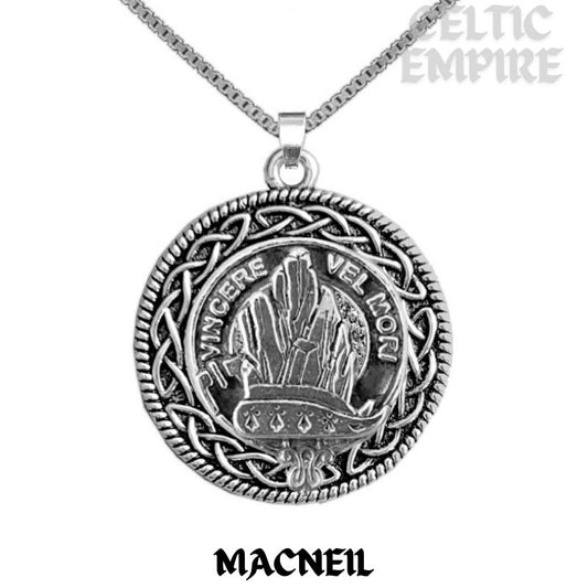 MacNeill Family Clan Crest Celtic Interlace Disk Pendant, Scottish Family Crest