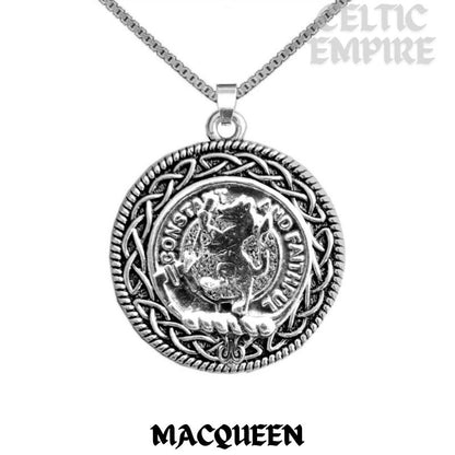 MacQueen Family Clan Crest Celtic Interlace Disk Pendant, Scottish Family Crest