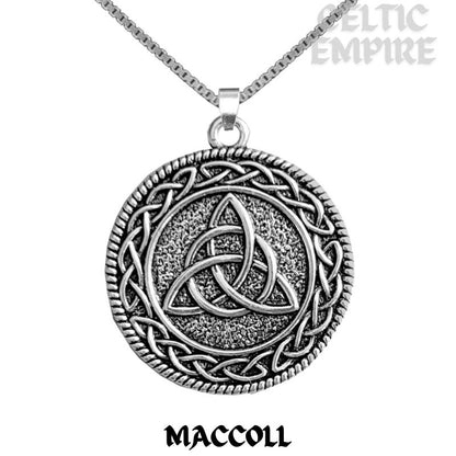 MacColl Family Clan Crest Celtic Interlace Disk Pendant, Scottish Family Crest