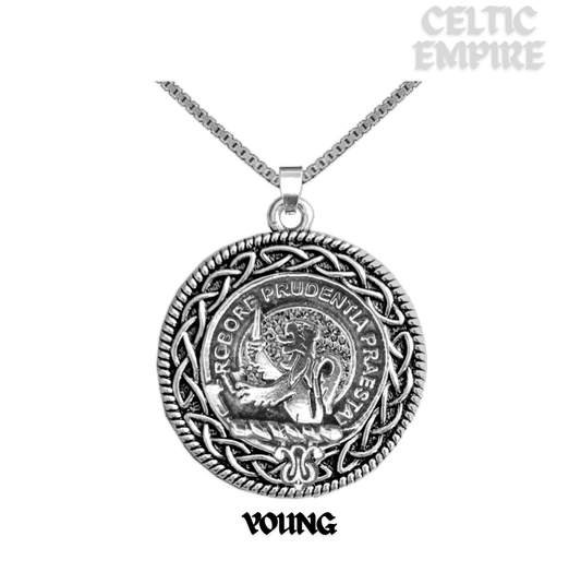 Young Family Clan Crest Celtic Interlace Disk Pendant, Scottish Family Crest