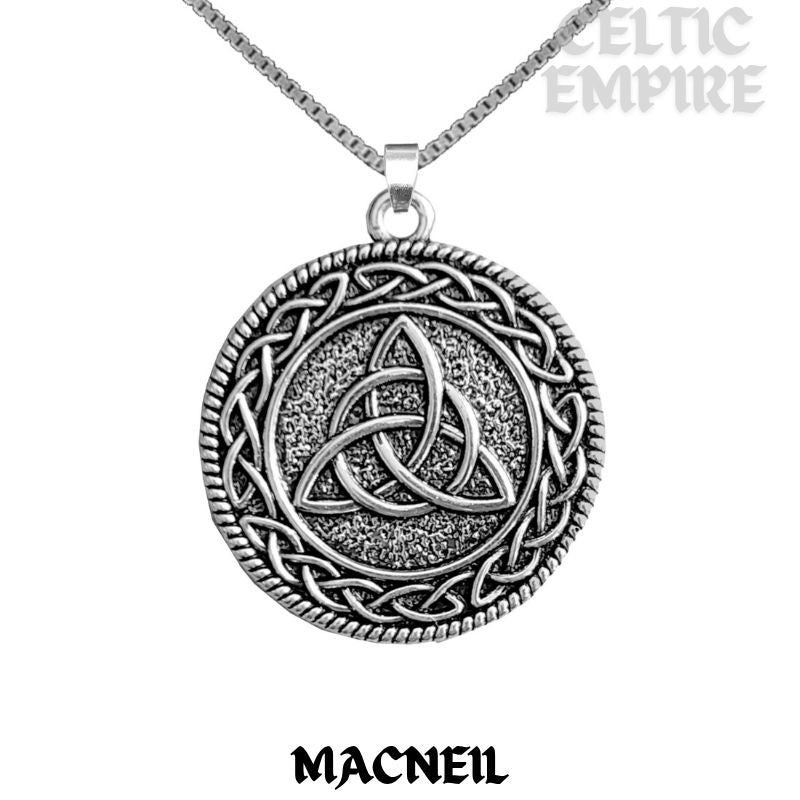 MacNeill Family Clan Crest Celtic Interlace Disk Pendant, Scottish Family Crest