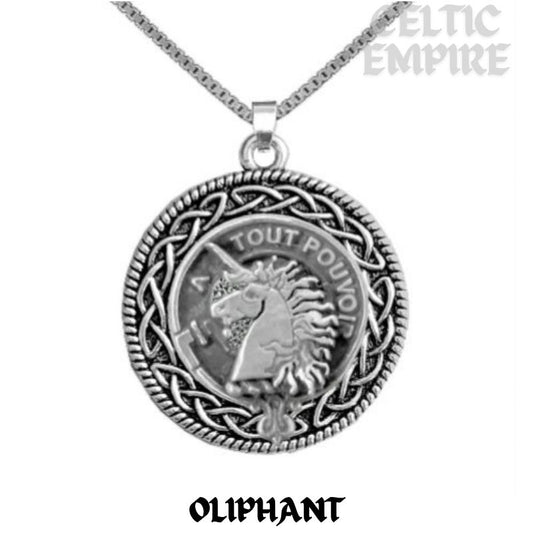 Oliphant Family Clan Crest Celtic Interlace Disk Pendant, Scottish Family Crest