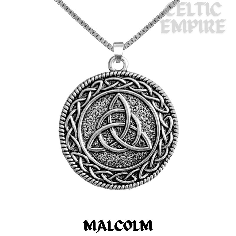 Malcolm Family Clan Crest Celtic Interlace Disk Pendant, Scottish Family Crest