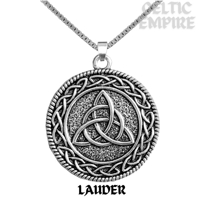 Lauder Family Clan Crest Celtic Interlace Disk Pendant, Scottish Family Crest