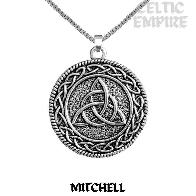 Mitchell Family Clan Crest Celtic Interlace Disk Pendant, Scottish Family Crest