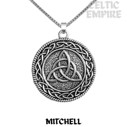 Mitchell Family Clan Crest Celtic Interlace Disk Pendant, Scottish Family Crest