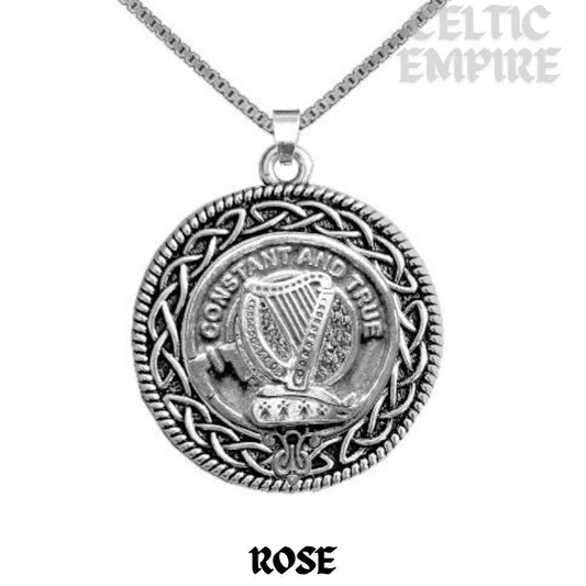 Rose Family Clan Crest Celtic Interlace Disk Pendant, Scottish Family Crest