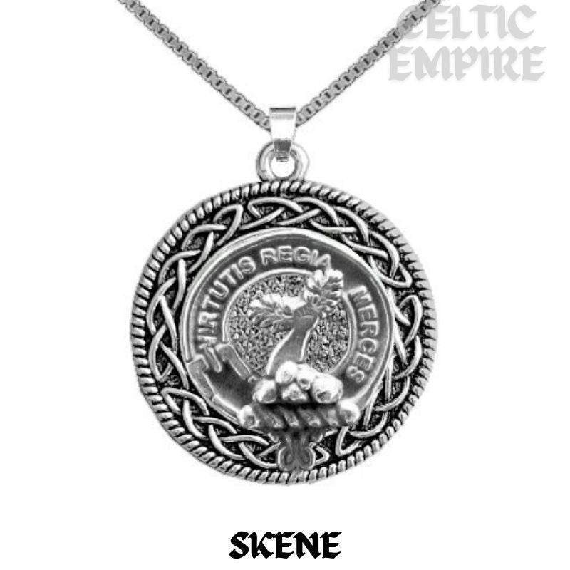 Skene Family Clan Crest Celtic Interlace Disk Pendant, Scottish Family Crest