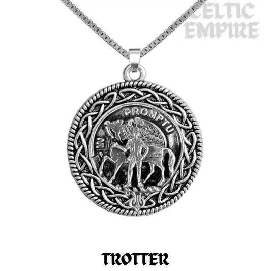 Trotter Family Clan Crest Celtic Interlace Disk Pendant, Scottish Family Crest