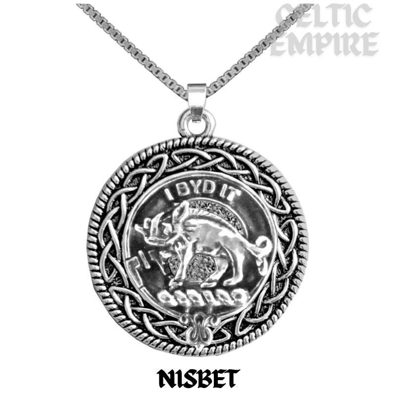 Nisbet Family Clan Crest Celtic Interlace Disk Pendant, Scottish Family Crest