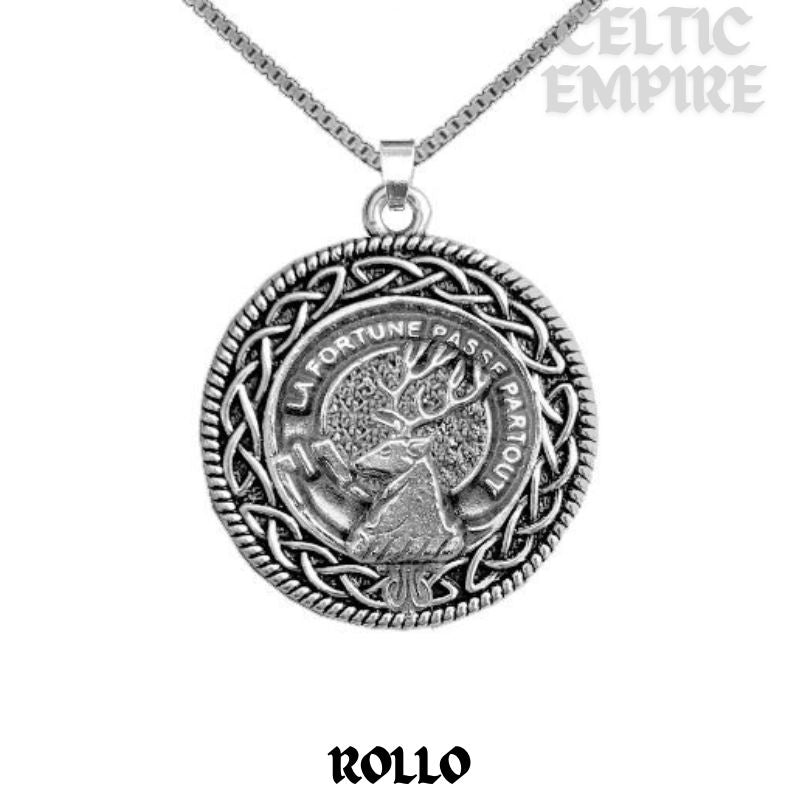 Rollo Family Clan Crest Celtic Interlace Disk Pendant, Scottish Family Crest