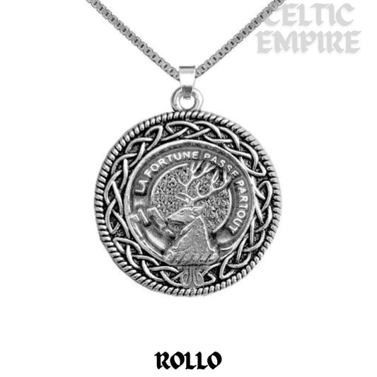 Rollo Family Clan Crest Celtic Interlace Disk Pendant, Scottish Family Crest